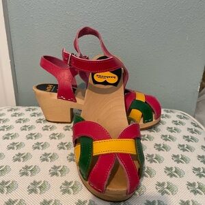 Toffel Swedish Hasbeens Red, Green & Yellow Leather Block Heel Sandals US 7